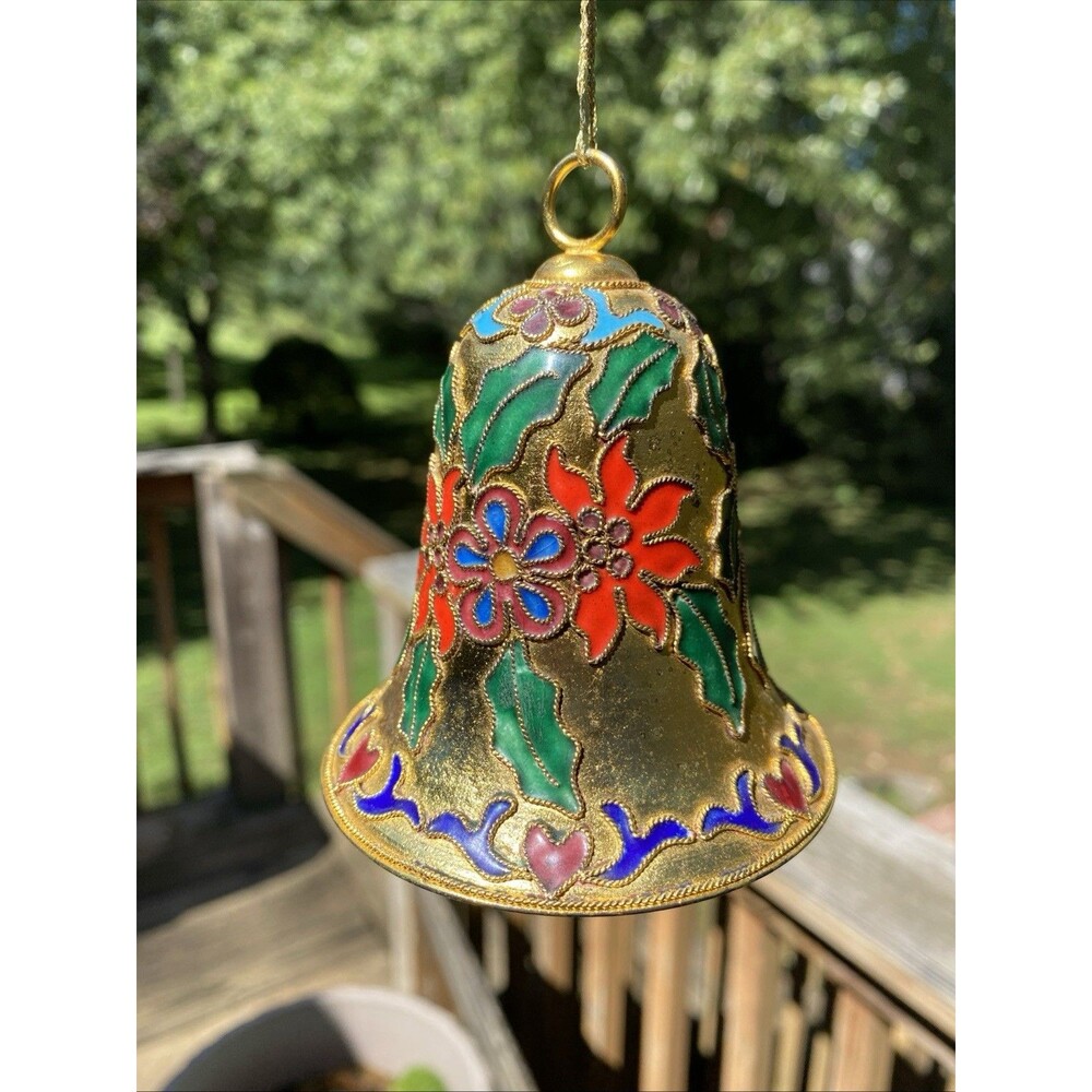 Vintage Cloisonne Enamel Bell Floral Christmas Ornament Holiday Heirloom Decor